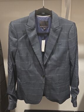 Banana Republic Navy Windowpane Blazer - Single-Button Notch Lapel